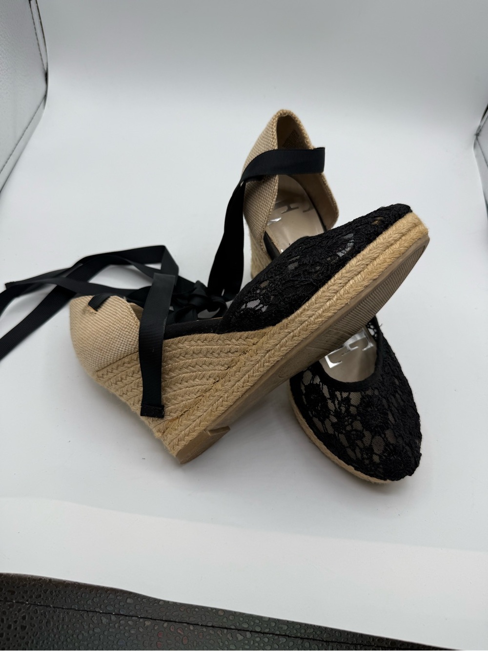 Elle Women’s Black Lace Espadrilles Ankle Tie Wedge Sz 7.5M